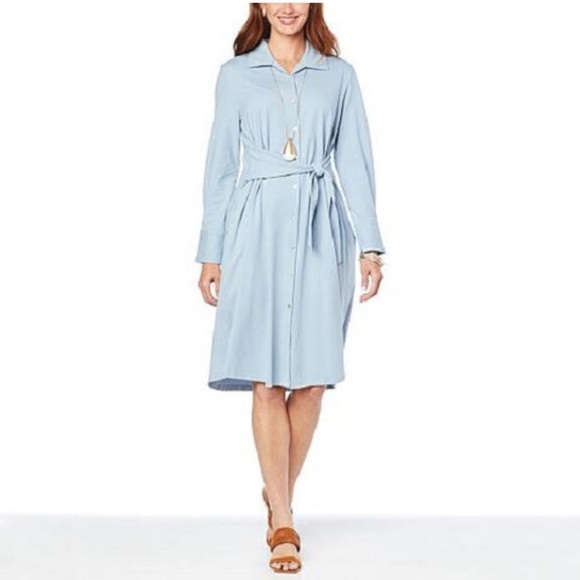 WYNNE LAYERS Light Blue Tie Front Cotton Knit Shirt Dress Large - Picture 1 of 8